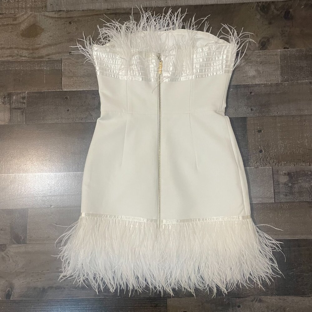 Bronx and Banco Women's Strapless Feathered Mini Dress Lola Blanc sz S 4 - Picture 3 of 10